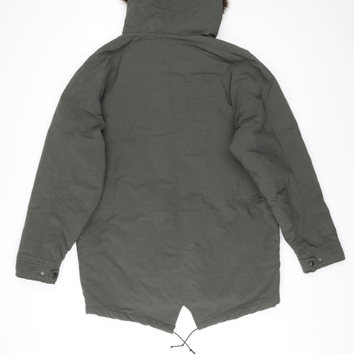 Vintage Mens Green Parka Coat Size M Zip - Faux Fur Trim