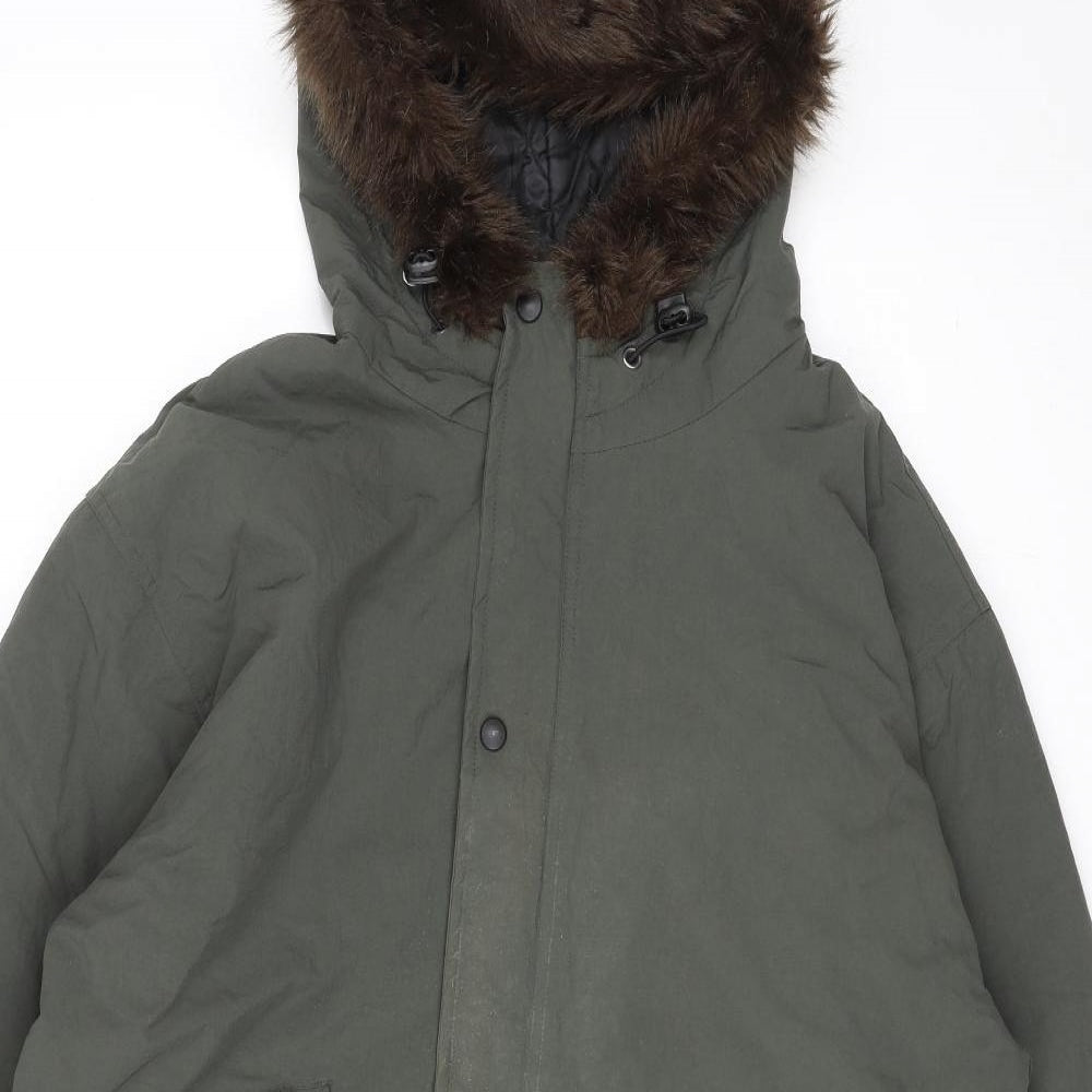 Vintage Mens Green Parka Coat Size M Zip - Faux Fur Trim