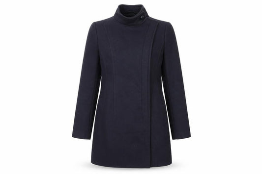 Front view of French Connection women’s blue overcoat coat, size UK 8, zip