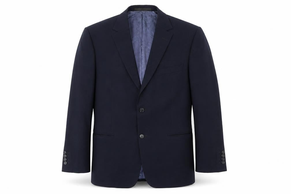 Front view of Marks & Spencer men’s blue wool jacket suit jacket, size 42, regular