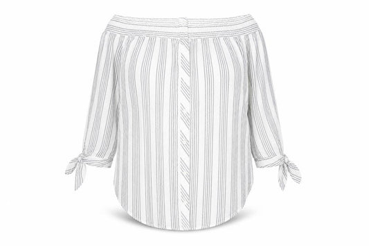 Front view of Miss Selfridge women’s multicoloured striped polyester basic blouse, size UK 14, off the shoulder
