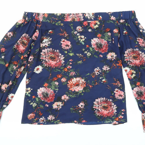 Warehouse Womens Blue Floral Polyester Basic Blouse Size 10 Off the Shoulder