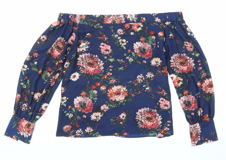 Warehouse Womens Blue Floral Polyester Basic Blouse Size 10 Off the Shoulder