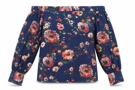 Front view of Warehouse women’s blue floral polyester basic blouse, size UK 10, off the shoulder