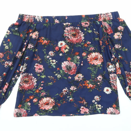 Warehouse Womens Blue Floral Polyester Basic Blouse Size 10 Off the Shoulder