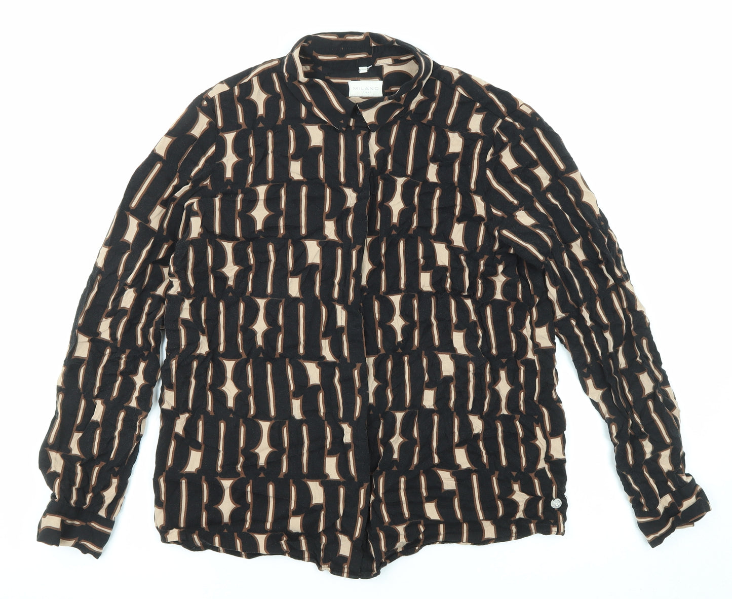 Milano Womens Black Geometric Viscose Basic Button-Up Size 12 Collared