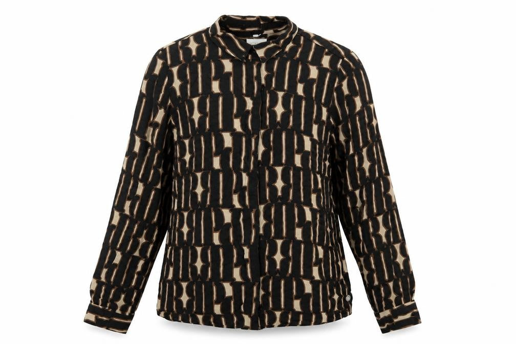 Front view of Milano women’s black geometric viscose basic button-up, size UK 12, collared