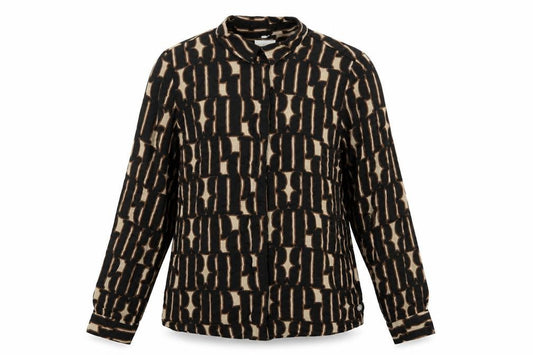 Front view of Milano women’s black geometric viscose basic button-up, size UK 12, collared