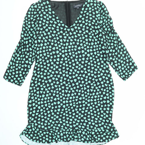 Sosandar Womens Black Geometric Polyester A-Line Size 12 V-Neck Zip - Heart pattern