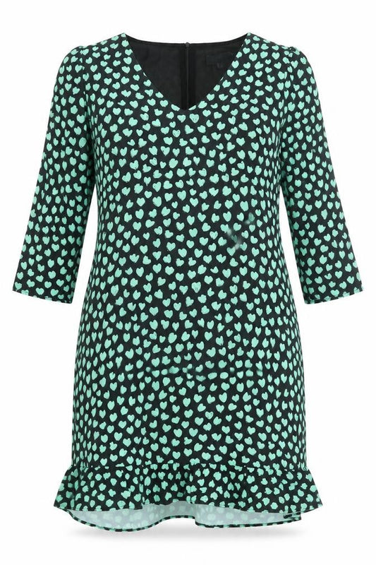 Front view of Sonsandar women’s black geometric polyester a-line, size UK 12, v-neck zip - heart pattern