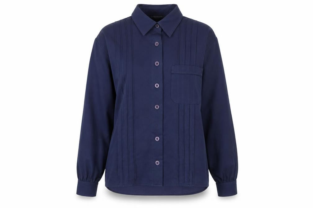 Front view of Feminella women’s blue polyester basic button-up, size UK 10, collared