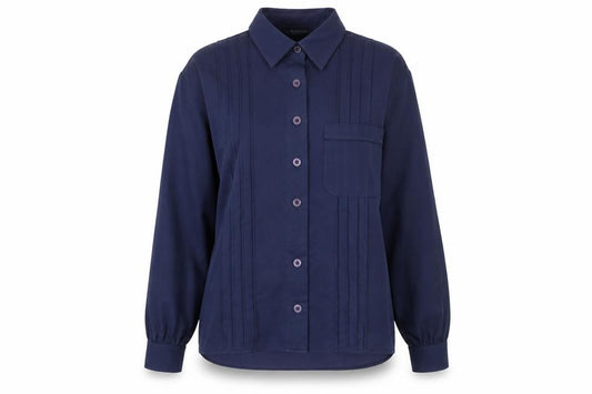 Front view of Feminella women’s blue polyester basic button-up, size UK 10, collared