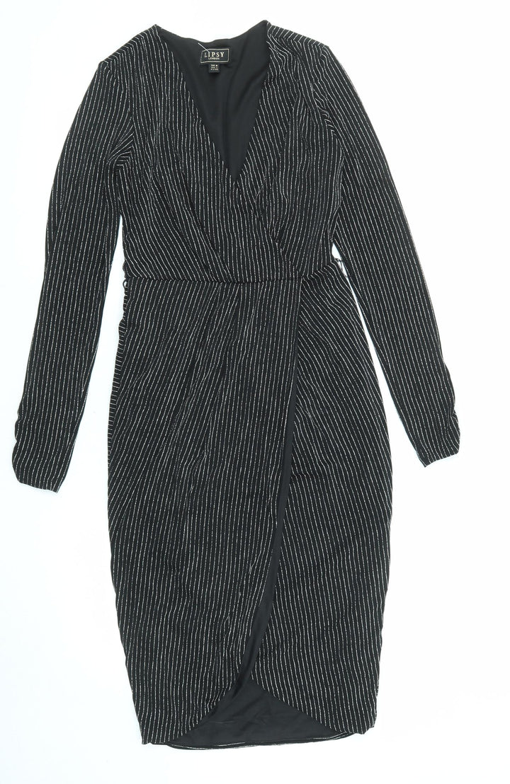 Lipsy Womens Black Striped Polyester A-Line Size 8 V-Neck Pullover