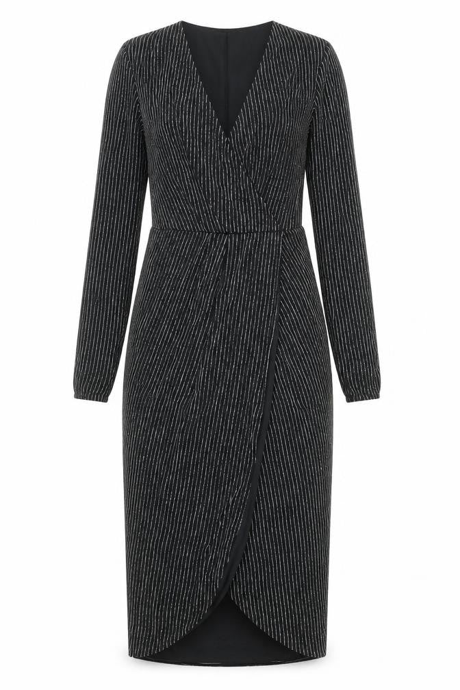 Front view of Lipsy women’s black striped polyester a-line, size UK 8, v-neck pullover