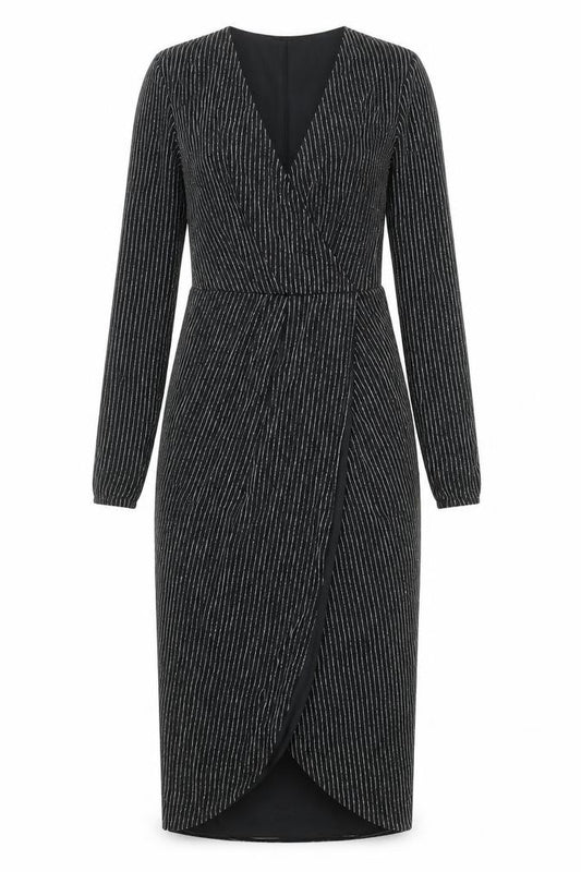 Front view of Lipsy women’s black striped polyester a-line, size UK 8, v-neck pullover