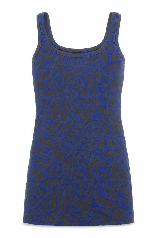 Front view of Thrills women’s grey geometric polyester basic tank, size UK 10, scoop neck - longline