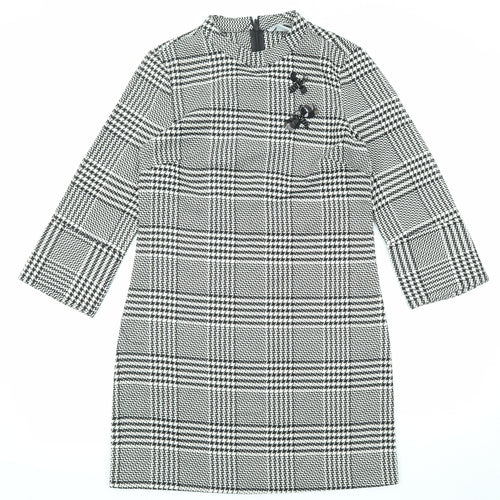H&M Womens Black Plaid Polyester A-Line Size 8 Round Neck Zip