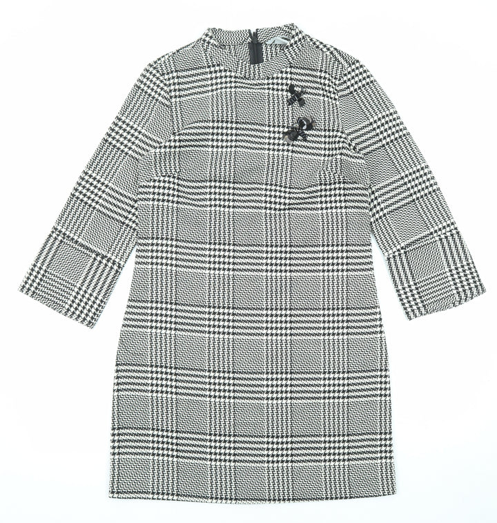 H&M Womens Black Plaid Polyester A-Line Size 8 Round Neck Zip