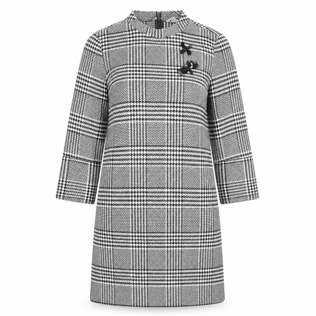 Front view of H&M women’s black plaid polyester a-line, size UK 8, round neck zip