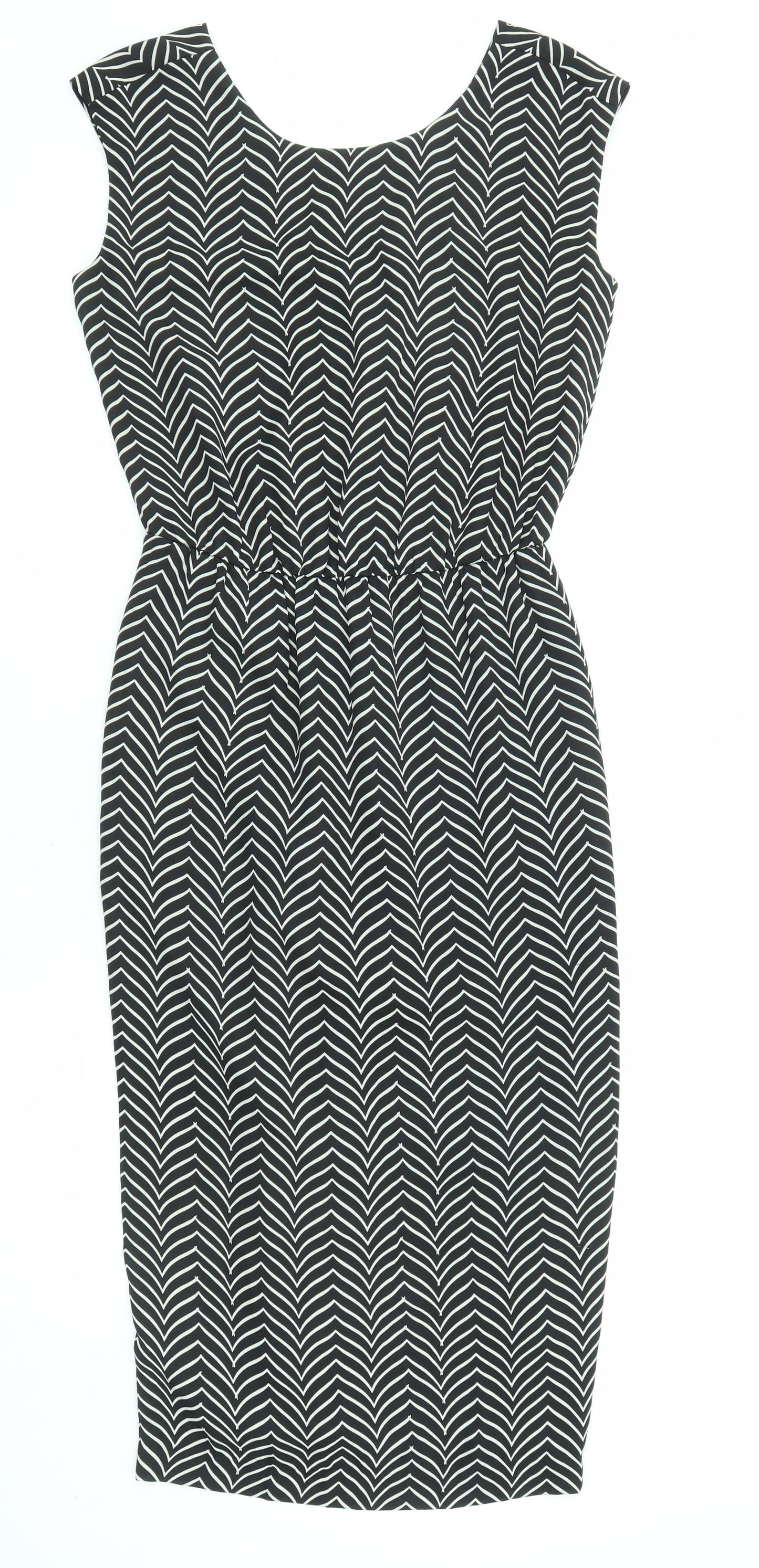 NEXT Womens Black Geometric Polyester A-Line Size 6 Round Neck Pullover