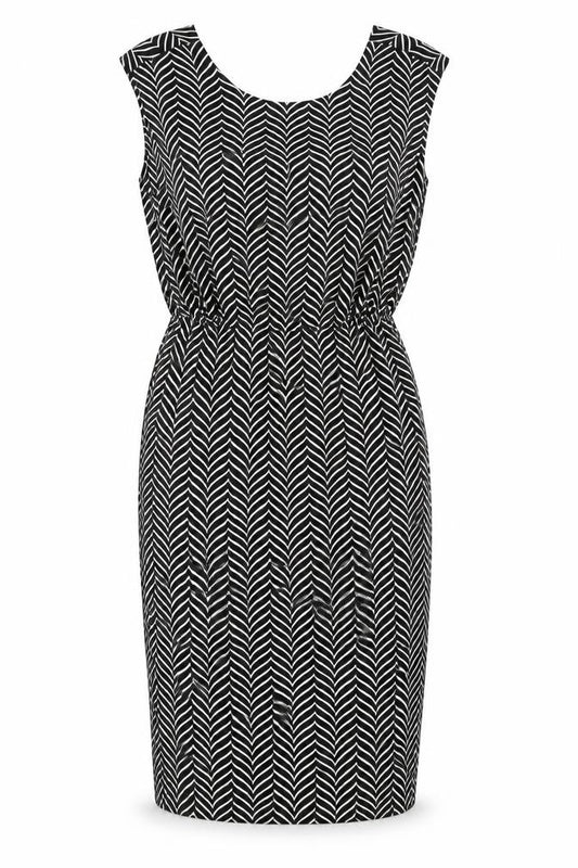 Front view of Next women’s black geometric polyester a-line, size UK 6, round neck pullover