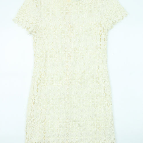Yumi Womens Beige Geometric Cotton Shift Size M Boat Neck Zip