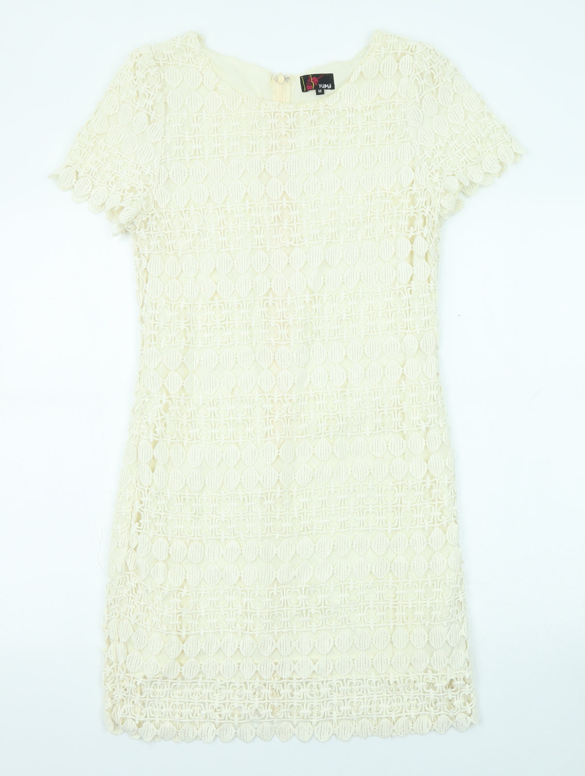 Yumi Womens Beige Geometric Cotton Shift Size M Boat Neck Zip