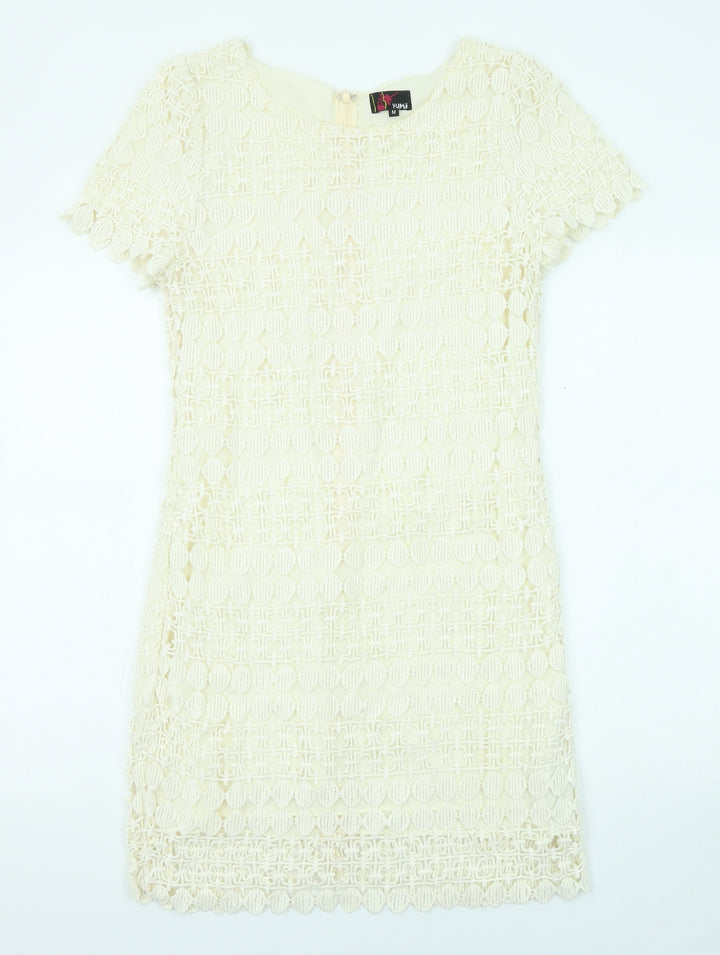 Yumi Womens Beige Geometric Cotton Shift Size M Boat Neck Zip