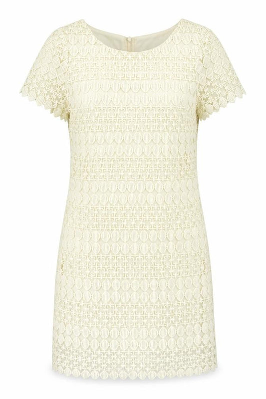 Front view of Yumi women’s beige geometric cotton shift, size M, boat neck zip