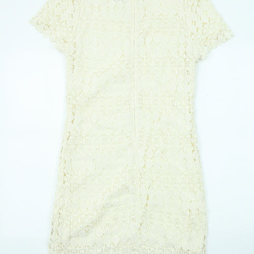 Yumi Womens Beige Geometric Cotton Shift Size M Boat Neck Zip