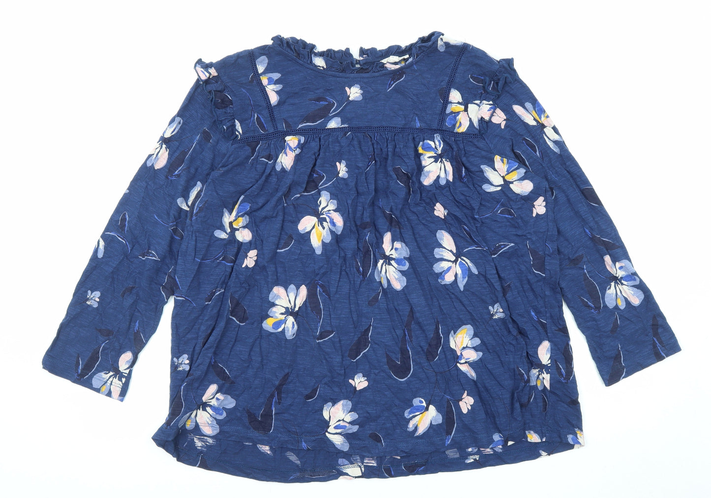 Fat Face Womens Blue Floral Cotton Basic Blouse Size 14 Round Neck