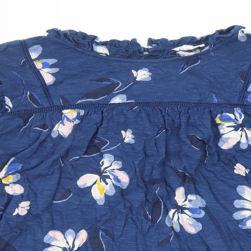 Fat Face Womens Blue Floral Cotton Basic Blouse Size 14 Round Neck