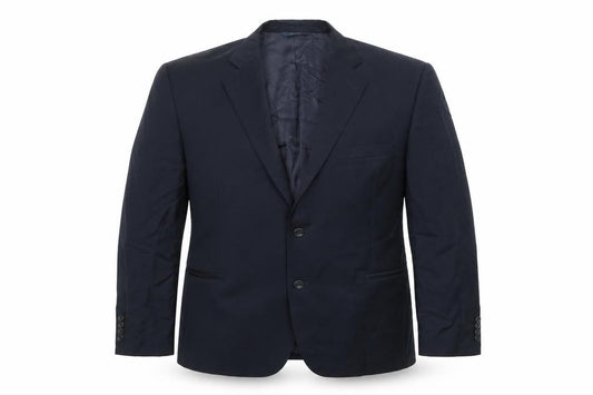Front view of 1818 men’s blue wool jacket suit jacket, size 48, regular