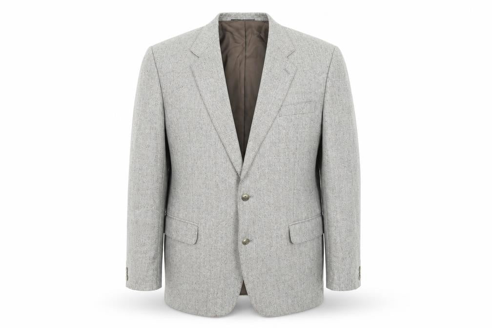 Front view of Heritage Clothing men’s grey polyester jacket suit jacket, size 44, regular