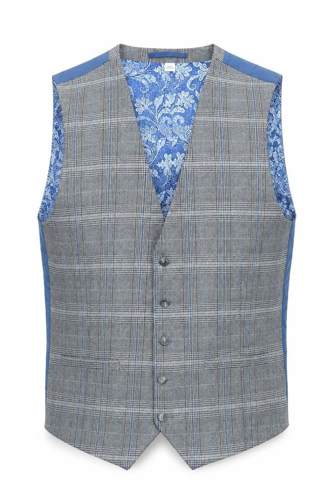 Front view of Jacamo men’s grey plaid polyester jacket suit waistcoat, size 44, regular
