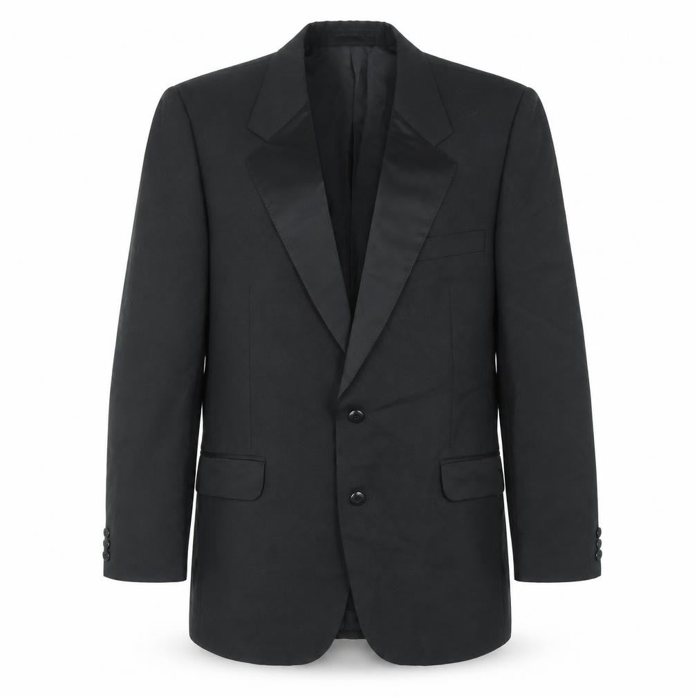 Front view of Dunn & Co men’s black polyester tuxedo suit, size 42, regular
