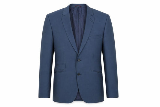 Front view of Burton men’s blue polyester jacket suit jacket, size 42, regular