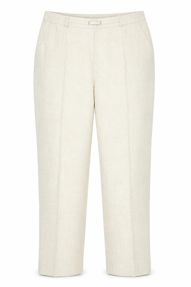 Front view of EWM women’s beige polyester trousers, size UK 14, 26-inch leg regular