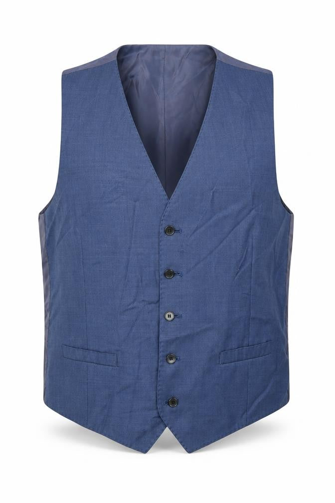 Front view of Marks & Spencer men’s blue wool jacket suit waistcoat, size 42, regular