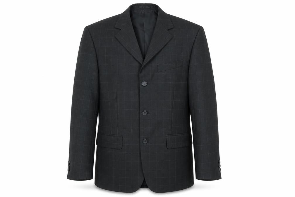 Front view of Zantos men’s black check polyester jacket suit jacket, size 38, regular