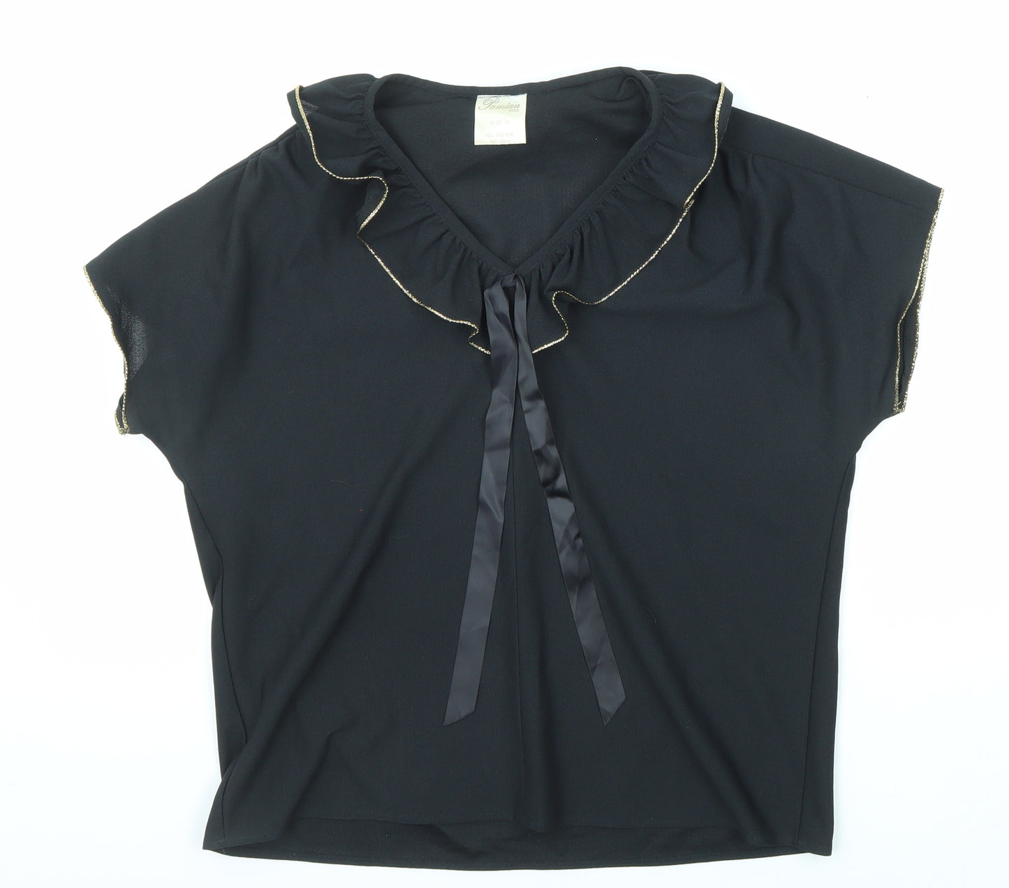 Pamian Womens Black Polyester Basic Blouse Size 16 V-Neck - Tie Neck Detail