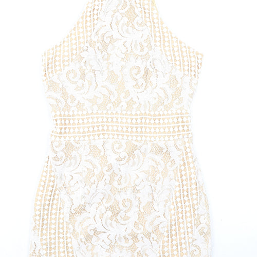 PRETTYLITTLETHING Womens Beige Geometric Polyester Bodycon Size 8 Crew Neck Zip