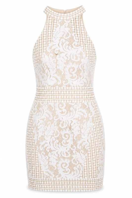 Front view of PRETTYLITTLETHING women’s beige geometric polyester bodycon, size UK 8, crew neck zip