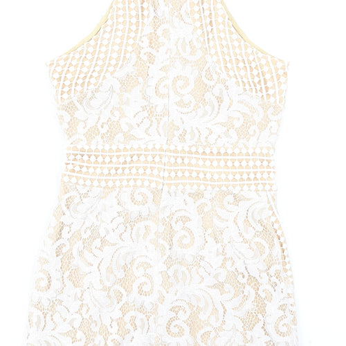 PRETTYLITTLETHING Womens Beige Geometric Polyester Bodycon Size 8 Crew Neck Zip