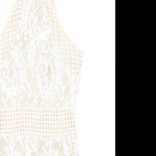 PRETTYLITTLETHING Womens Beige Geometric Polyester Bodycon Size 8 Crew Neck Zip