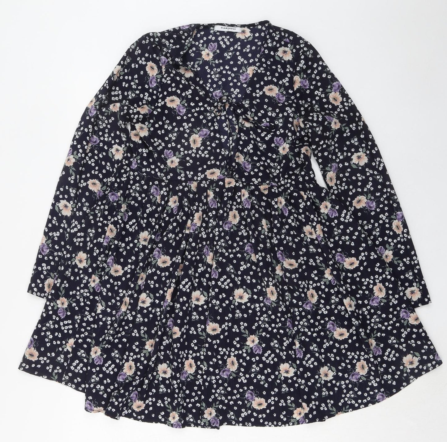 Glamorous Womens Blue Floral Polyester Trapeze & Swing Size 10 V-Neck Tie