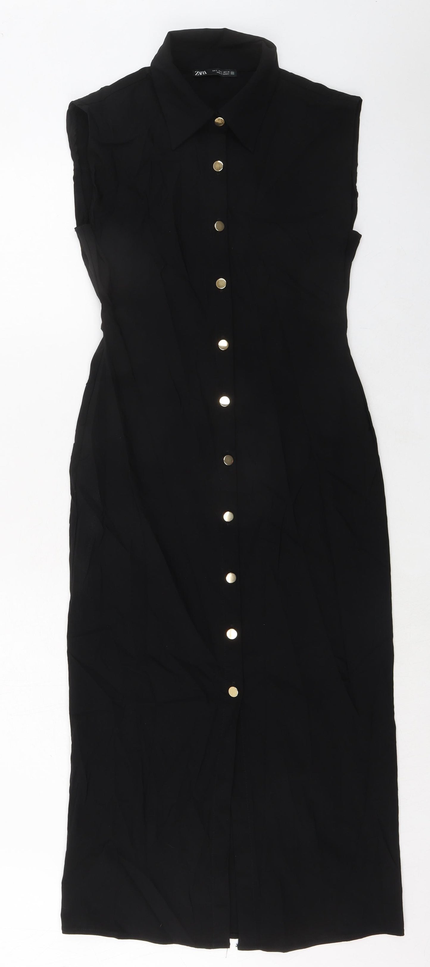 Zara Womens Black Viscose Shirt Dress Size S Collared Button