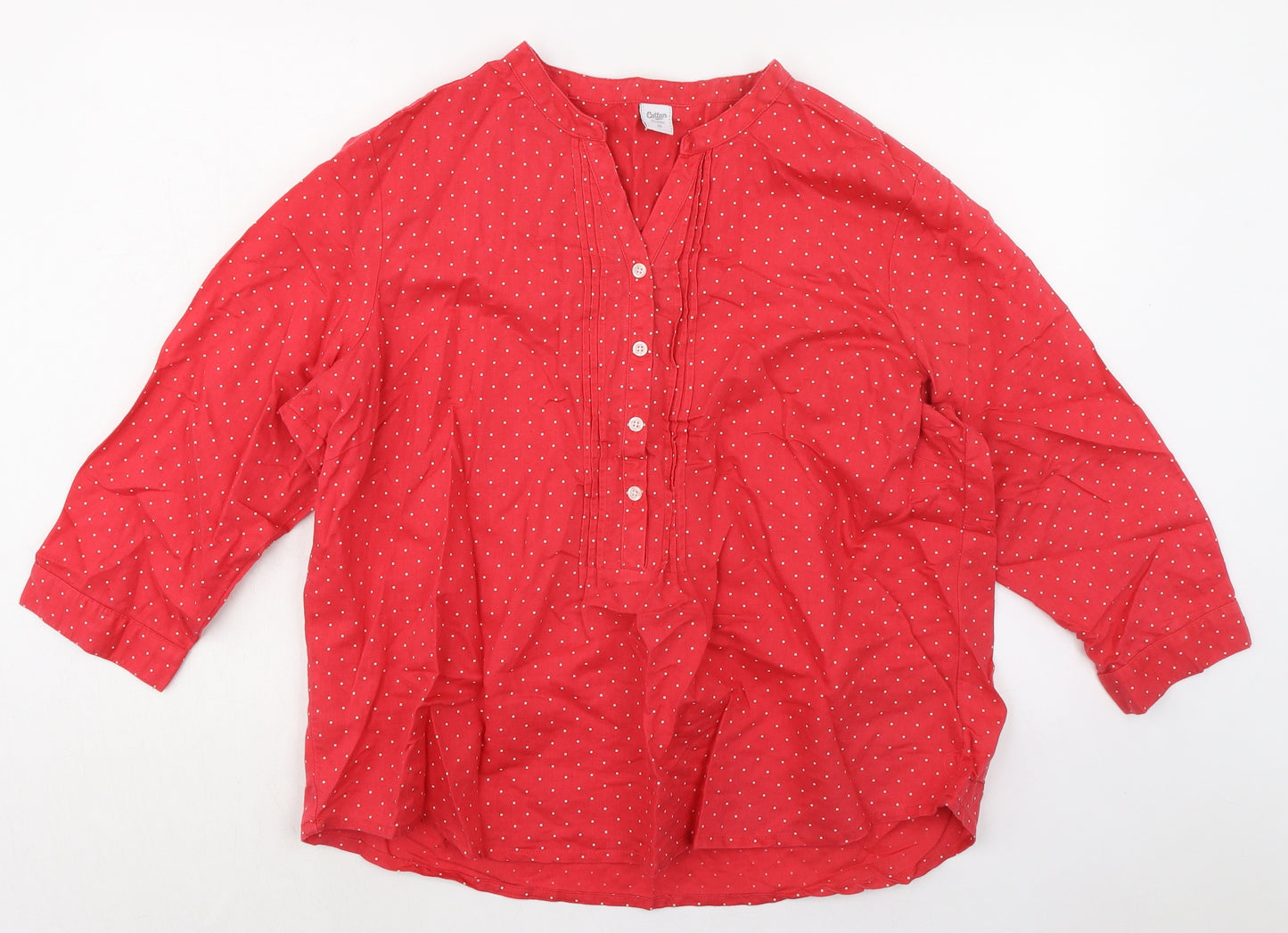 Cotton Traders Womens Red Polka Dot Linen Basic Blouse Size 20 V-Neck