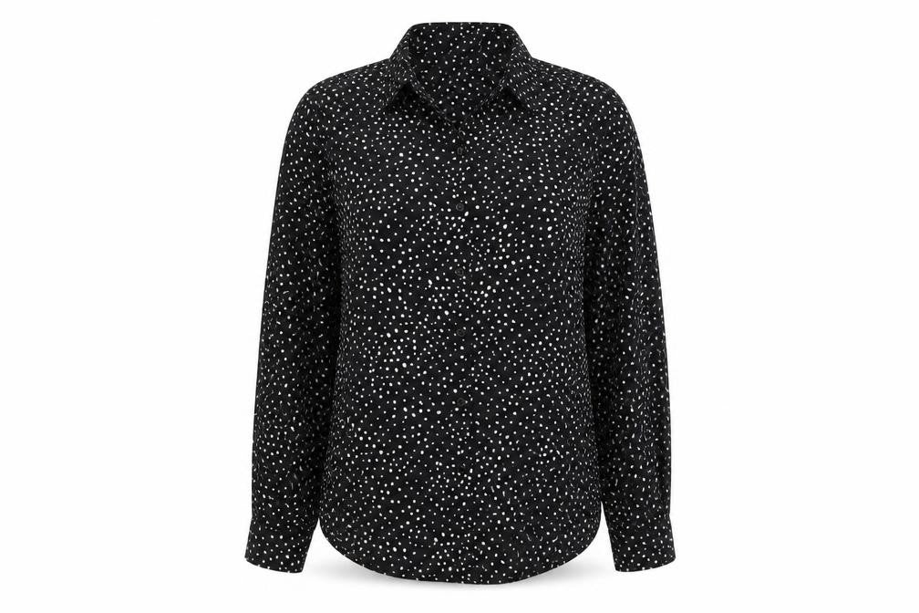 Front view of H&M women’s black geometric polyester basic button-up, size S, collared