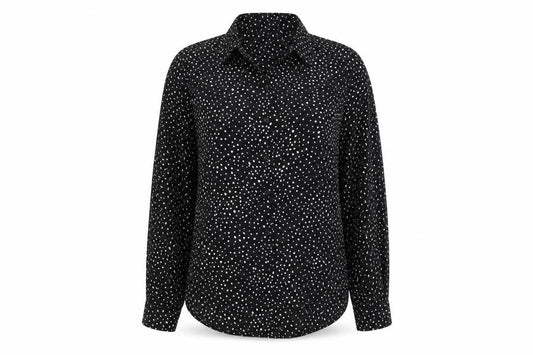Front view of H&M women’s black geometric polyester basic button-up, size S, collared